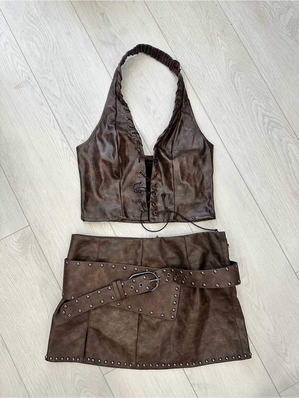 Festival outfit- Faux Leather Crop Halter Top & Mini Skirt Set